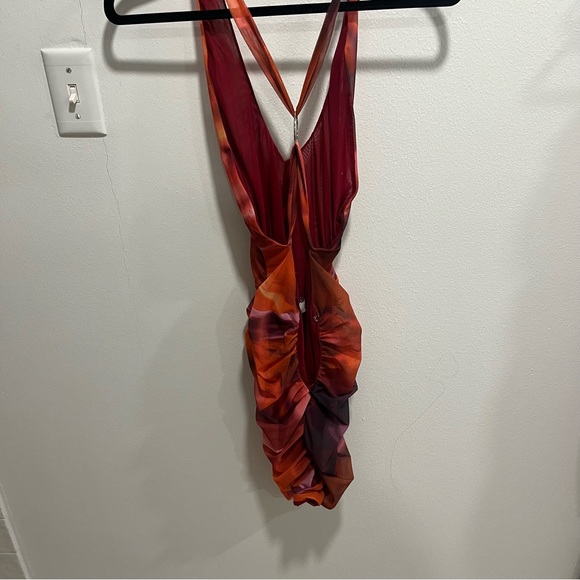 OhPolly CROSSOVER RUCHED MESH MINI DRESS IN ORANGE - Picture 2 of 4